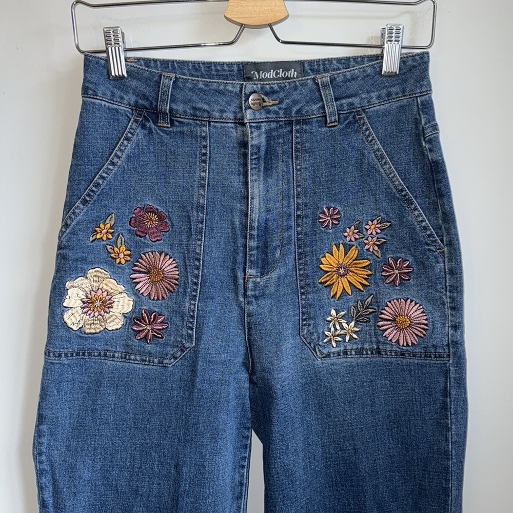 ModCloth x Princess Highway Floral Embroidered Wide-Leg Jeans SZ 8 - Picture 4 of 8